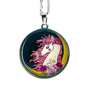 Antique Night Unicorn Necklace, Pony Horse Pegasus Pendant, Photo Glass Charm,